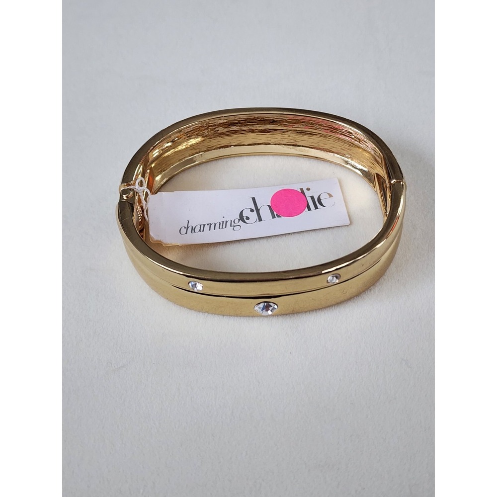 New CHARMING CHARLIE Gold Tone & Rhinestone Hinged Bangle Bracelet
